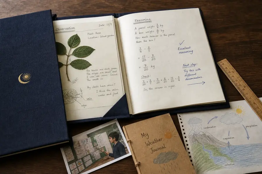 A photographic learning portfolio with observation notes, reasoning and teacher feedback