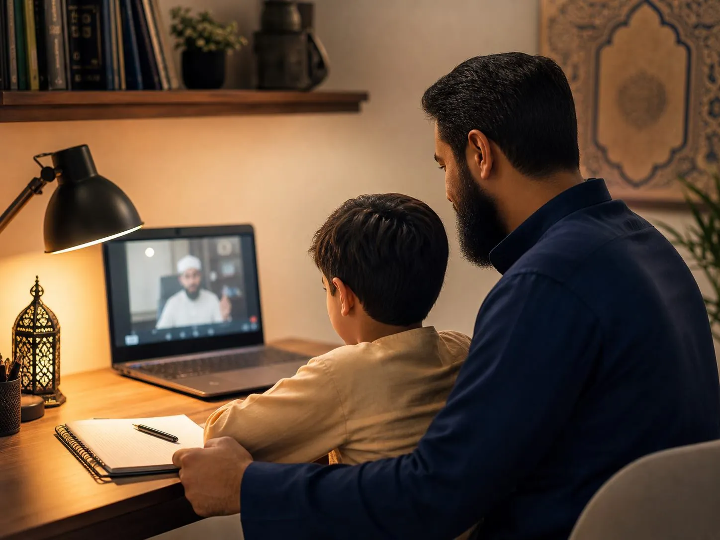 Parent supervising a child during a live online lesson