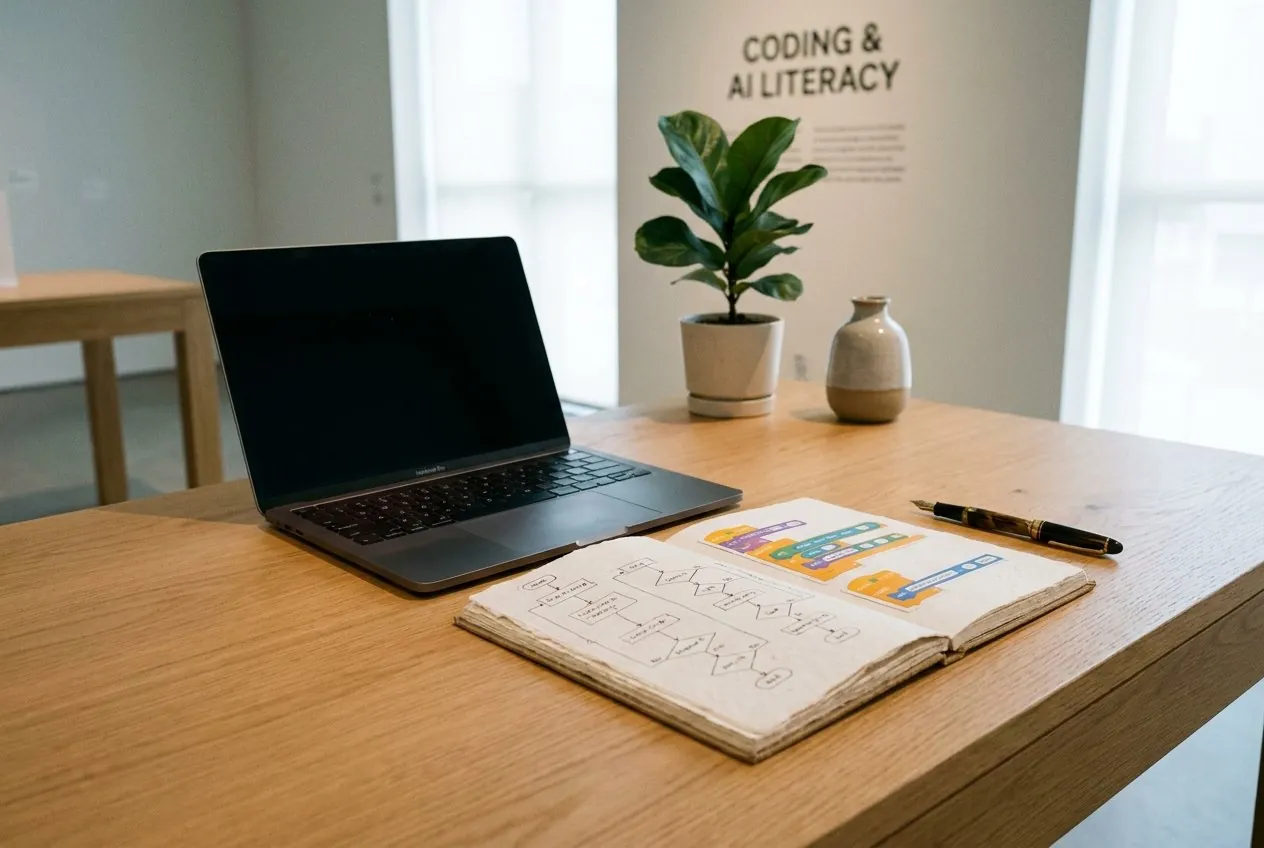 A learner documenting coding work beside a learning device