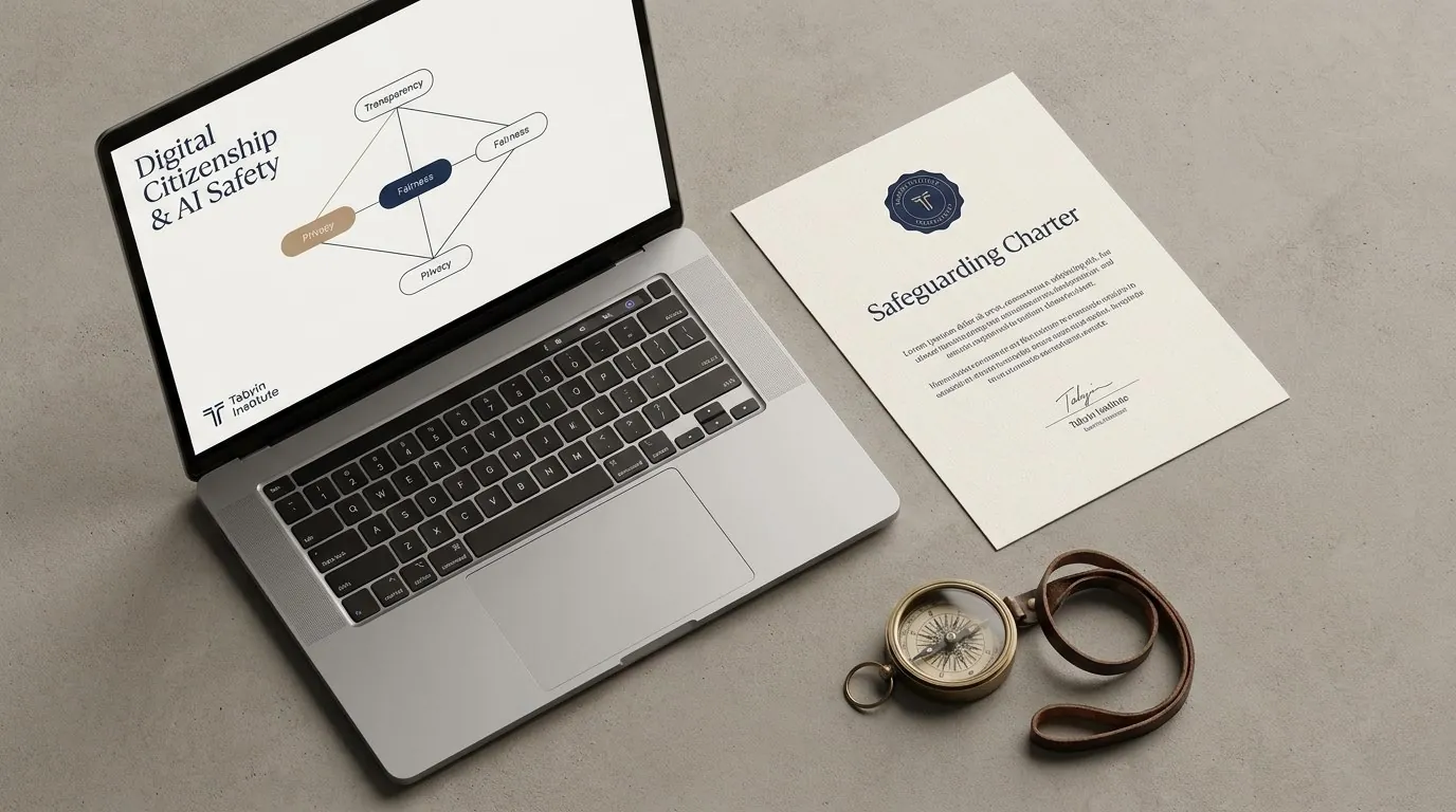 A digital citizenship and safeguarding charter beside a learning device