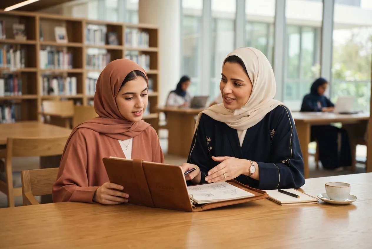 A mentor listening closely to a learner in a warm library