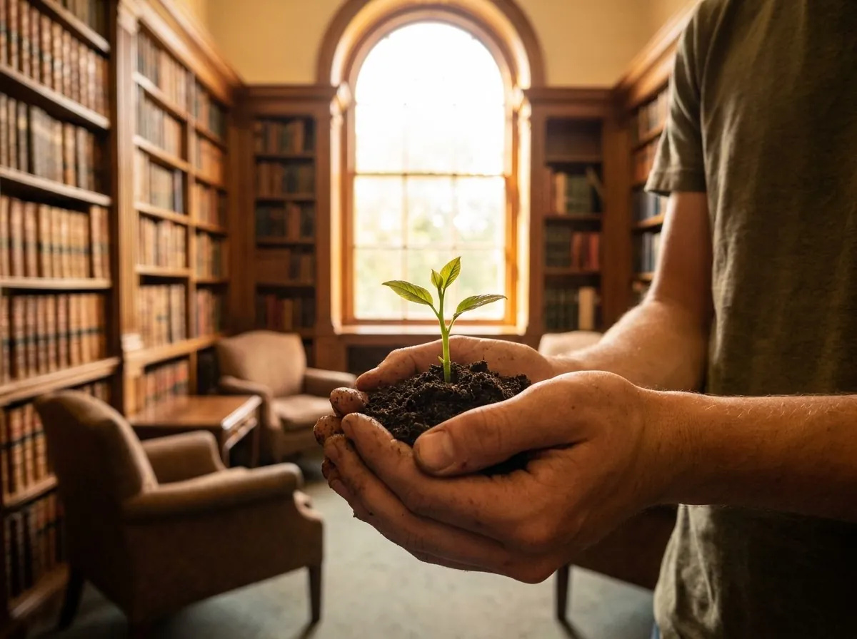 A seedling held in cupped hands in a library