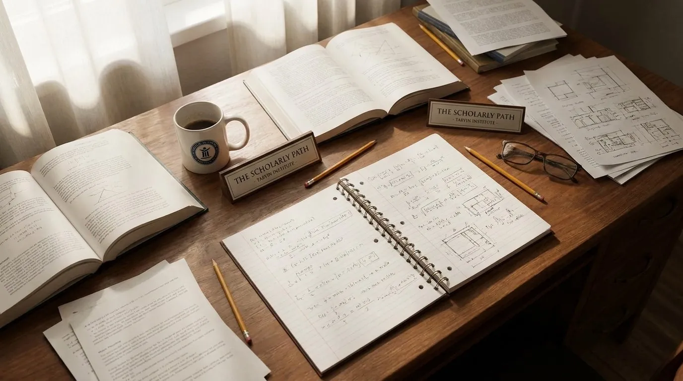 Books, notes and worked pages behind a scholarly learning path