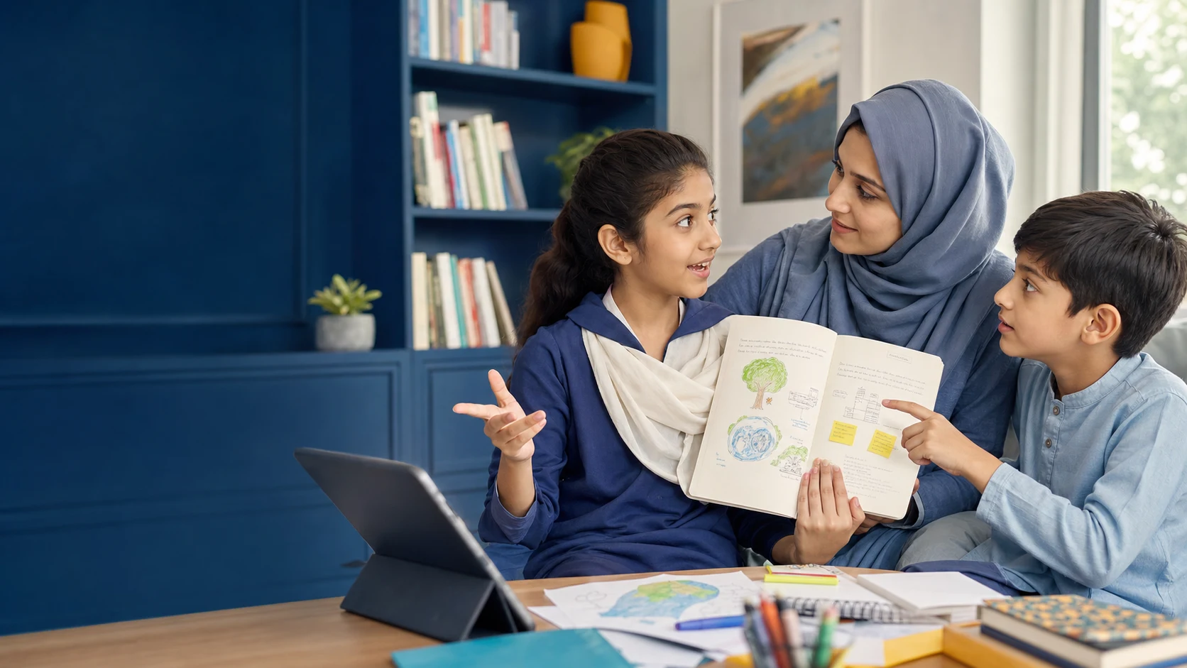 A mother guiding two children through a hands-on home learning lesson